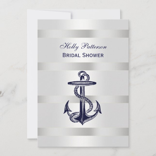 Invitación Ancla Azul Náutico Plata Wt BG V Ducha Bridal (Anverso)