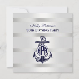 Invitación Ancla Azul Plata Blanco Marina Monograma Circular 