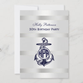 Invitación Ancla Azul Plata Blanco Marina Monograma Círculo 3