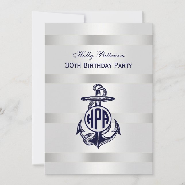 Invitación Ancla Azul Plata Blanco Marina Monograma Círculo 3 (Anverso)