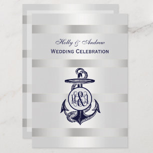 Invitación Ancla Azul Plata Blanco Marina Monograma de Vid 33