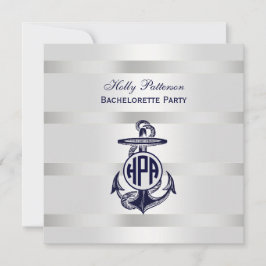 Invitación Ancla Azul Plata Blanco Marina Monograma en Círcul
