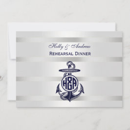 Invitación Ancla Azul Plata Blanco Marina Monograma en Círcul