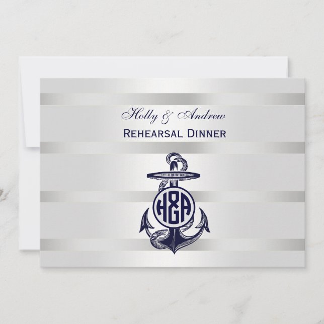 Invitación Ancla Azul Plata Blanco Marina Monograma en Círcul (Anverso)