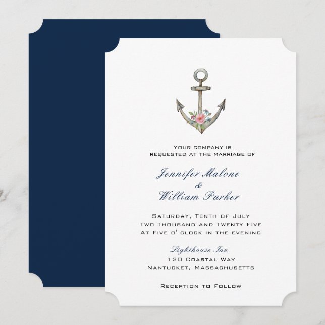 Invitación Ancla de acuarela con boda de flores  (Anverso / Reverso)