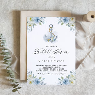 Invitación Ancla de acuarela y ducha de novia con flores azul