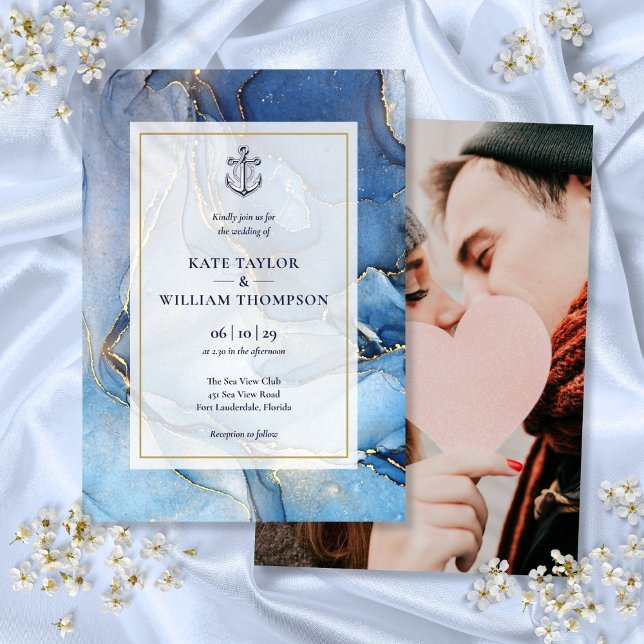 Invitación Ancla de boda en azul náutico y ágata dorada (Nautical Blue And Gold Agate Anchor Wedding Photo Invitation)