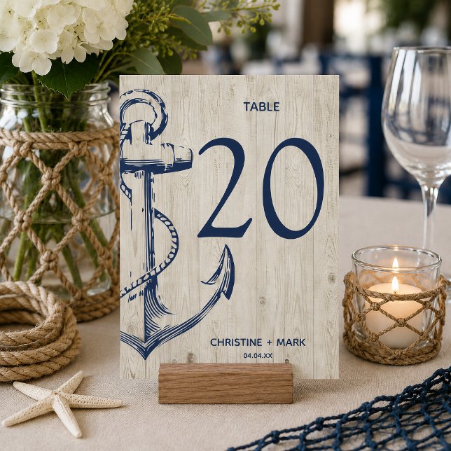 Invitación Ancla de bosquejo náutico de la marina madera rúst (Nautical themed table number card that is customizable.
)