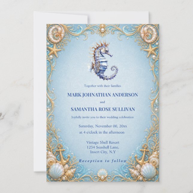 Invitación Ancla de caballito de mar tema playa boda concha (Anverso)