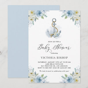 Invitación Ancla de color agua y Baby Shower del niño con flo