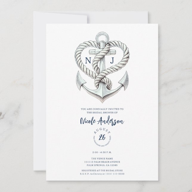 Invitación Ancla de cuerda corazón náutico regadera de novia  (Anverso)