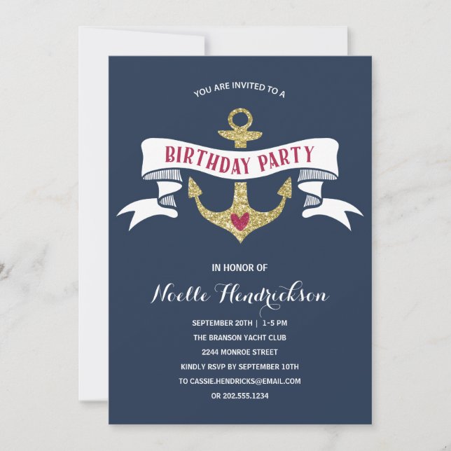 Invitación Ancla de glam| Fiesta Náutica de Cumpleaños (Anverso)