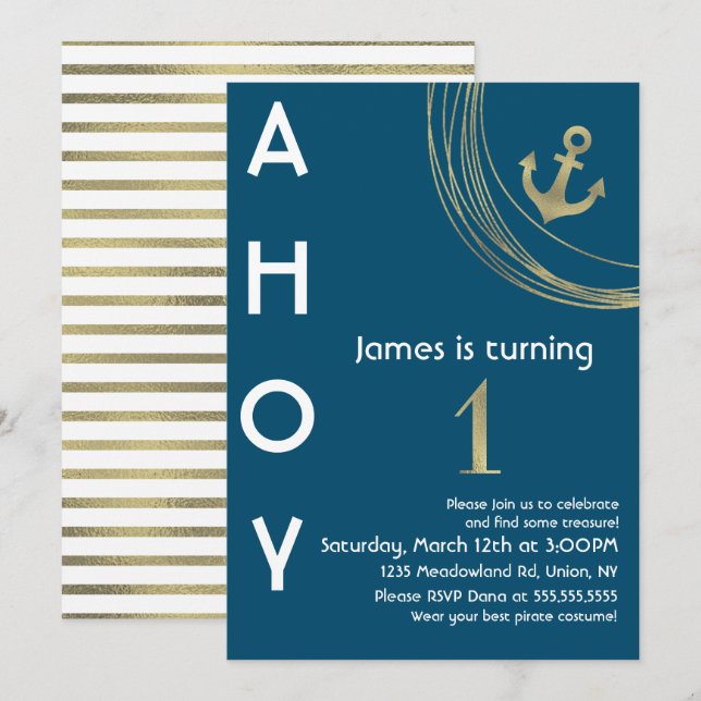 Invitación Ancla de oro falso de cumpleaños número 1 de pirat (Anverso / Reverso)