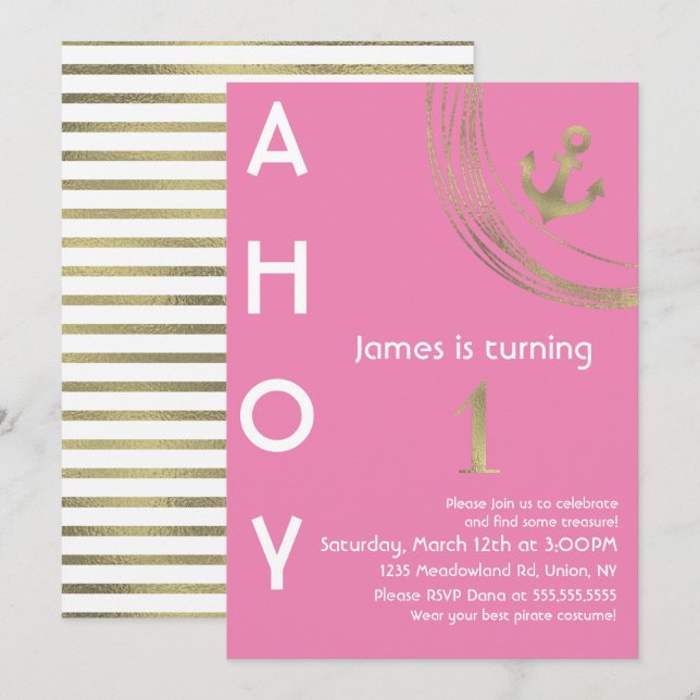 Invitación Ancla de oro falso de cumpleaños número 1 de pirat (Anverso / Reverso)