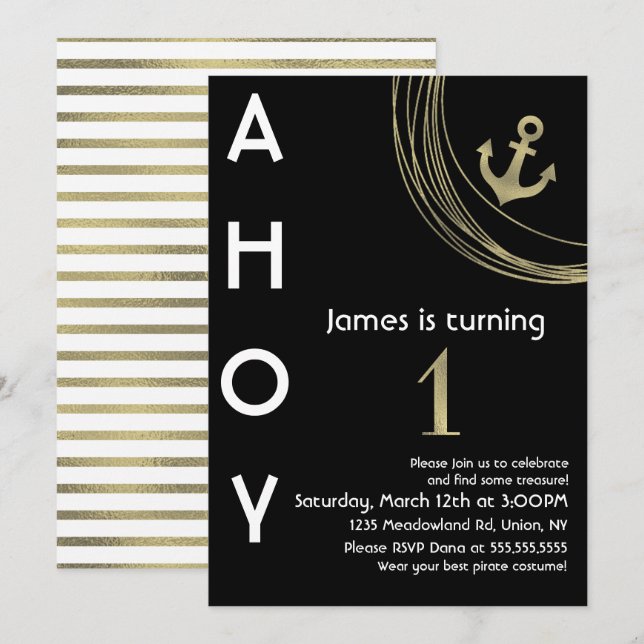 Invitación Ancla de oro falso de cumpleaños número 1 de pirat (Anverso / Reverso)