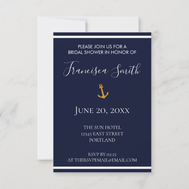 Invitación Ancla de oro Nautical Naval Blue Bridal Shower (Anverso)