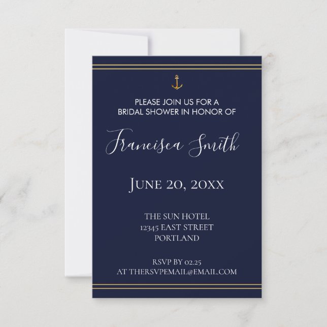Invitación Ancla de oro Nautical Naval Blue Bridal Shower (Anverso)