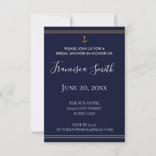 Invitación Ancla de oro Nautical Naval Blue Bridal Shower