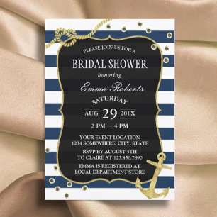 Invitación Ancla de oro Nautical Naval Stripes Bridal Shower
