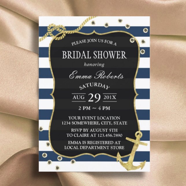 Invitación Ancla de oro Nautical Naval Stripes Bridal Shower (Subido por el creador)