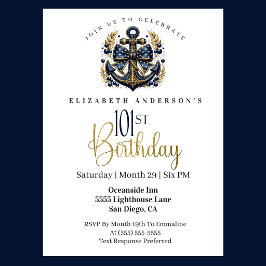 Invitación Ancla de proa náutica azul y dorada Cumpleaños 101