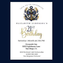 Invitación Ancla de proa náutica azul y dorada Cumpleaños 21
