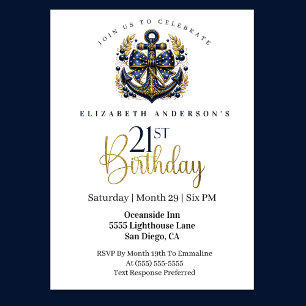 Invitación Ancla de proa náutica azul y dorada Cumpleaños 21