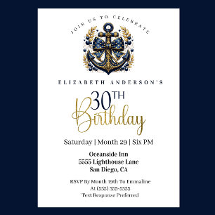 Invitación Ancla de proa náutica azul y dorada Cumpleaños 30