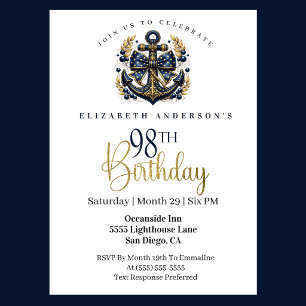 Invitación Ancla de proa náutica azul y dorada cumpleaños 98