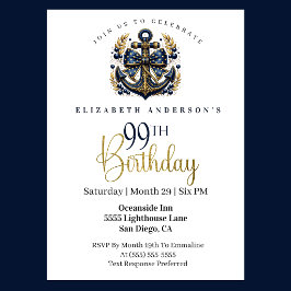 Invitación Ancla de proa náutica azul y dorada Cumpleaños 99
