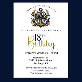 Invitación Ancla de proa náutica azul y dorada para 18 cumple