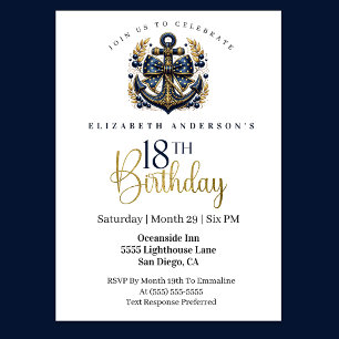 Invitación Ancla de proa náutica azul y dorada para 18 cumple