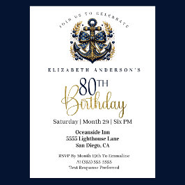 Invitación Ancla de proa náutica azul y dorada para 80 cumple