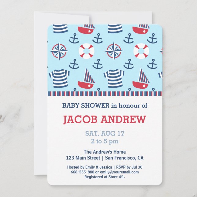 Invitación Ancla de vela Patrón naumático ducha de bebé (Anverso)
