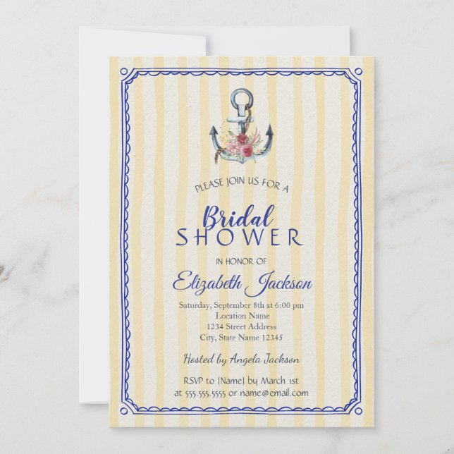 Invitación Ancla Floral Amarillo Rayado Despedida de Soltera (Anverso)