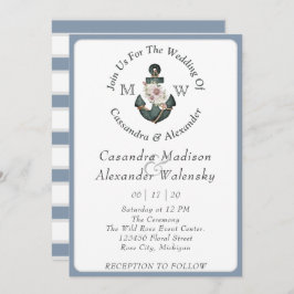 Invitación Ancla floral Boda nautical Dusty Blue Stripe