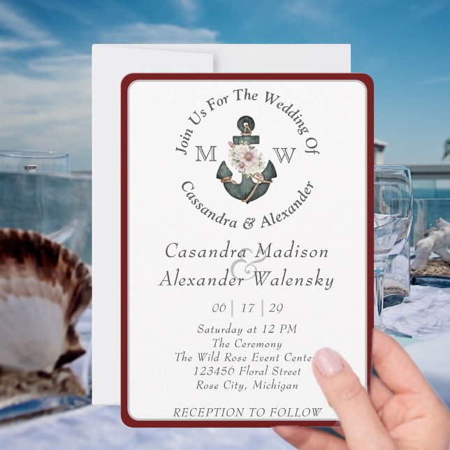 Invitación Ancla floral Boda nautical Maroon Red Stripe (Subido por el creador)