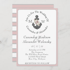 Invitación Ancla floral Boda náutico Dusty Rosa a rayas