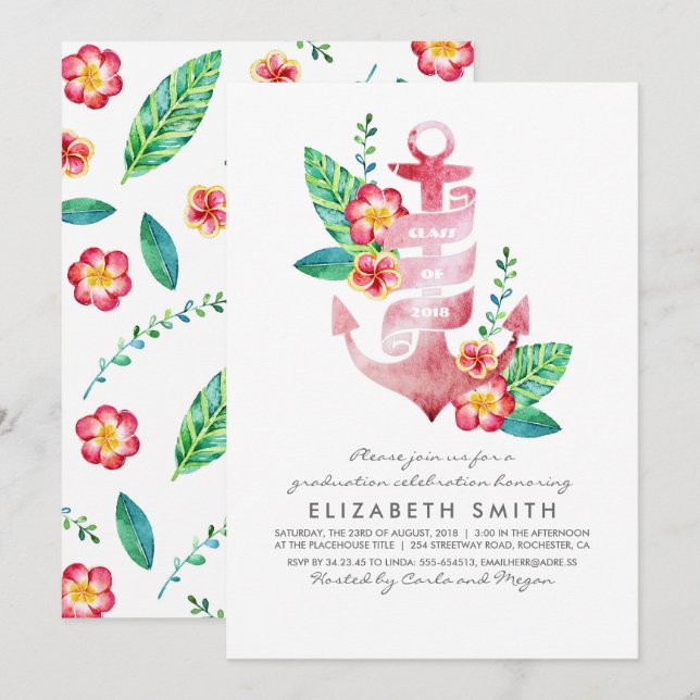 Invitación Ancla floral - graduación náutica de la playa (Anverso / Reverso)