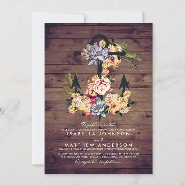 Invitación Ancla floral rústica | Elegante Fiesta de bodas (Anverso)