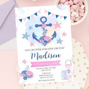 Invitación Ancla Marina Rosa Naval Cumpleaños 1 año Niña