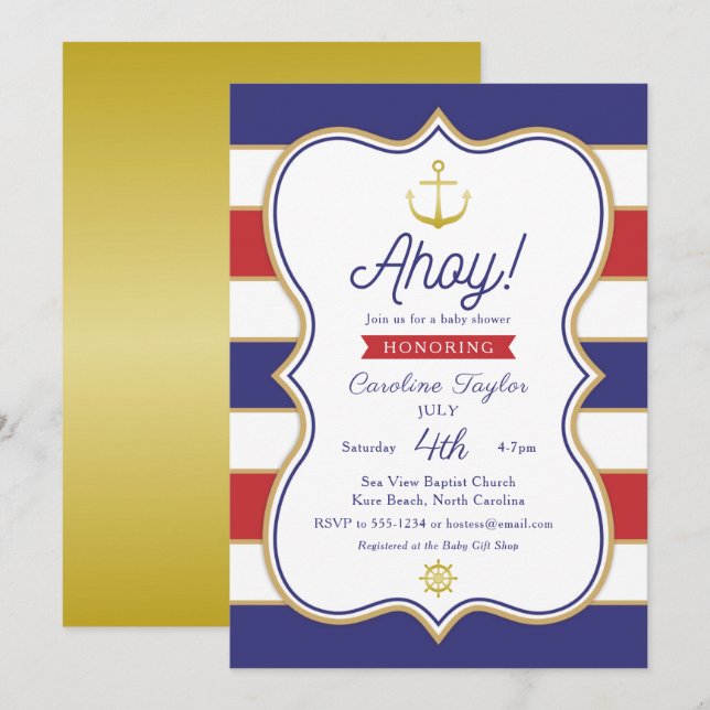 Invitación Ancla náutica 4 de julio Baby Shower Red Blue Gold (Anverso / Reverso)