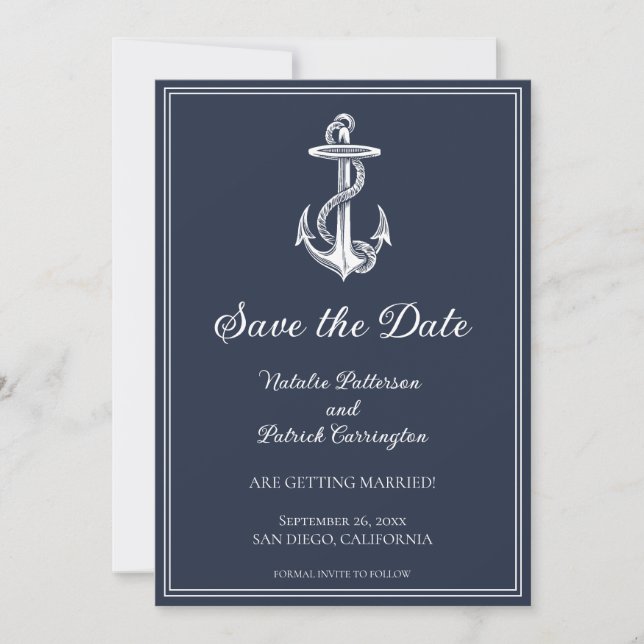 Invitación Ancla náutica azul de la marina salva la fecha (Anverso)