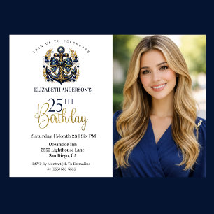 Invitación Ancla Náutica Azul y Dorada Cumpleaños 25 Foto