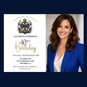Invitación Ancla Náutica Azul y Dorada Cumpleaños 40 Foto