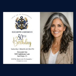Invitación Ancla Náutica Azul y Dorada Cumpleaños 50 Foto