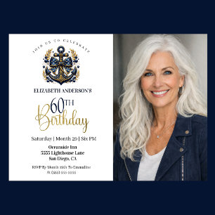 Invitación Ancla Náutica Azul y Dorada Cumpleaños 60 Foto