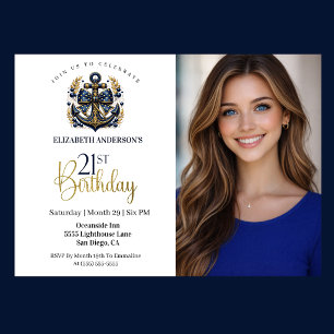 Invitación Ancla Náutica Azul y Dorada Foto de Cumpleaños 21