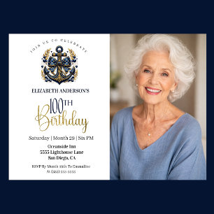 Invitación Ancla Náutica Azul y Dorada Foto del 100 cumpleaño