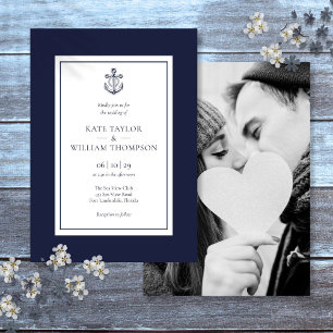 Invitación Ancla Náutica Boda Foto Azul Marino Y Blanco